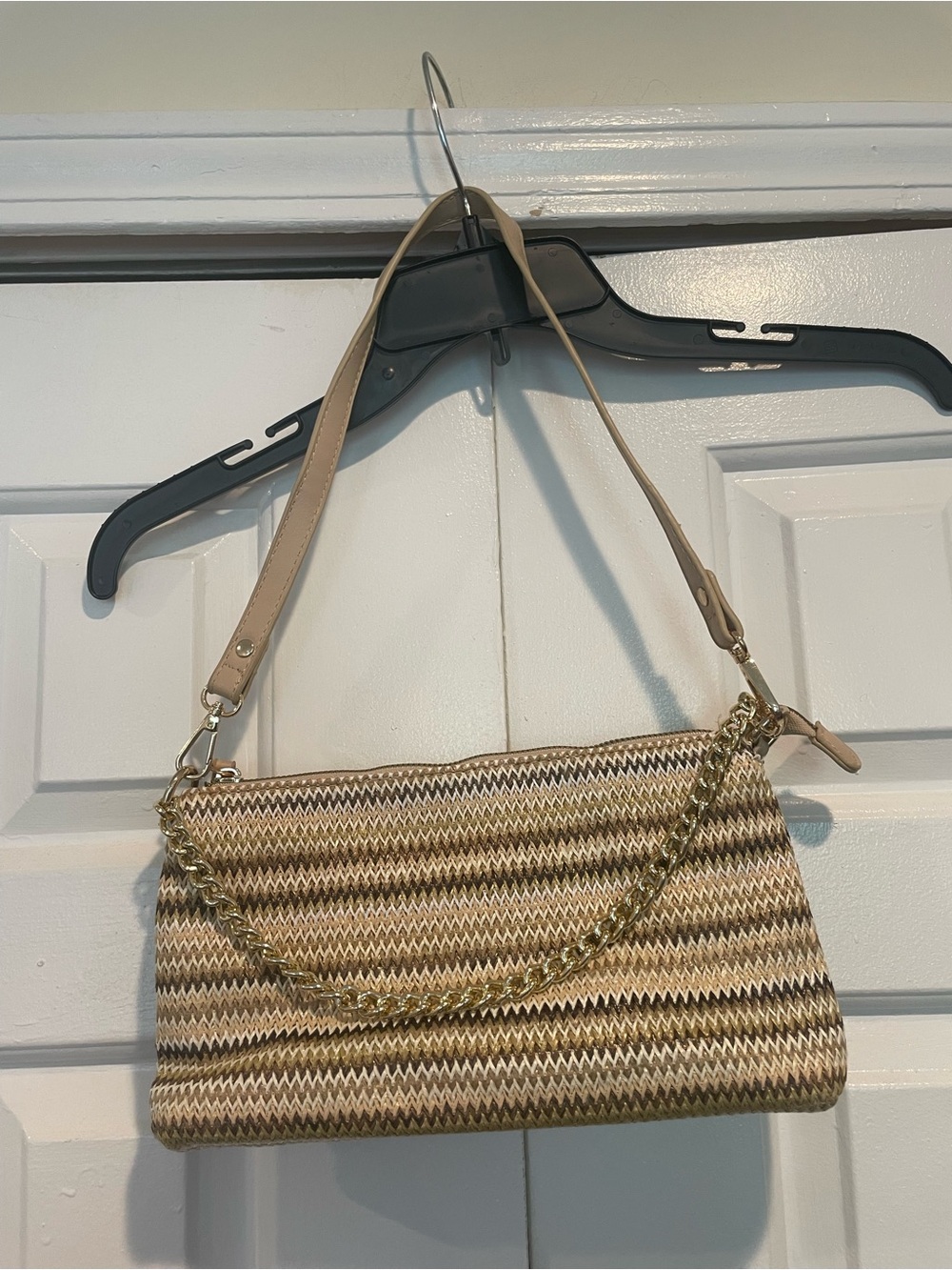 Neutral Woven Shoulder Bag with Chain Accent